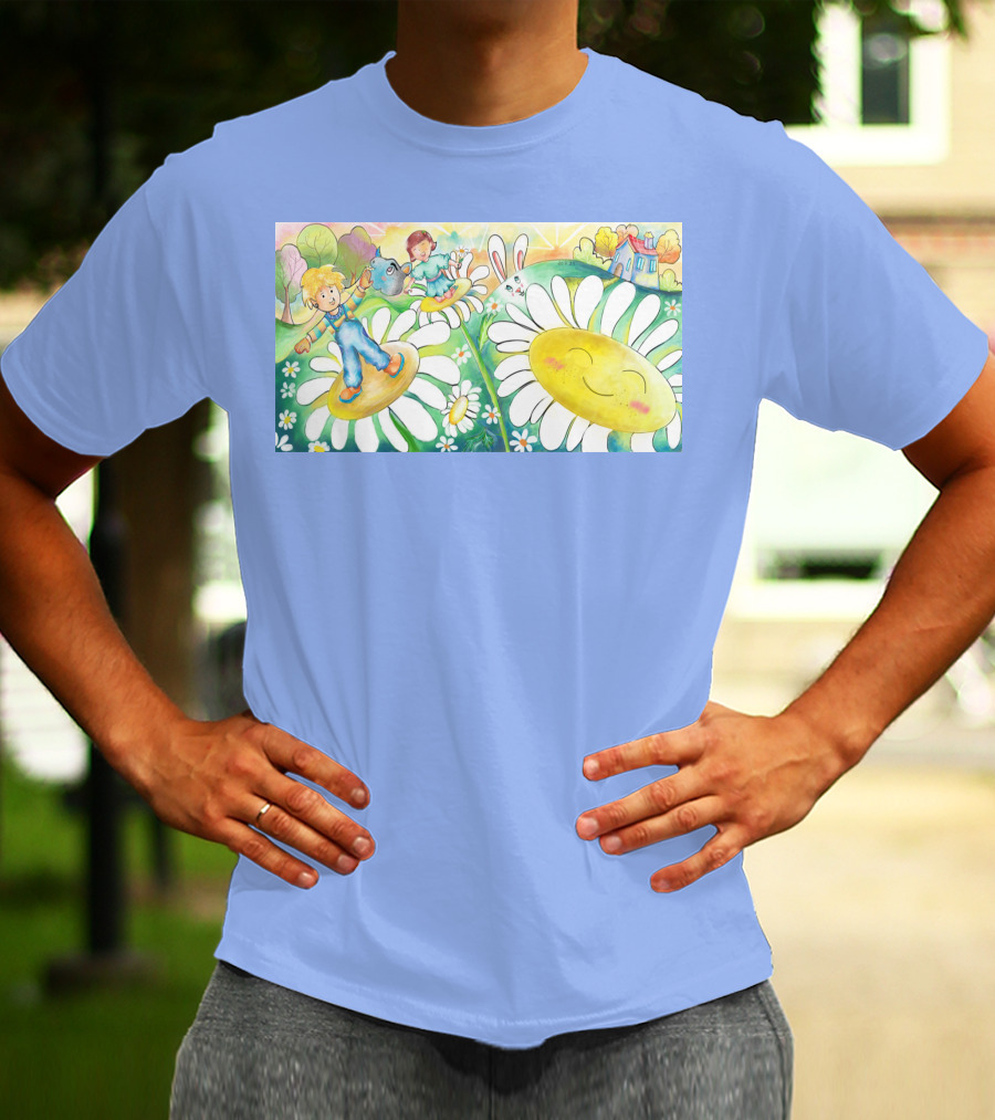 Lodo Happy Sunflower Meadows With Kids And Bunny In A Vibrant Landscape T-Shirt
