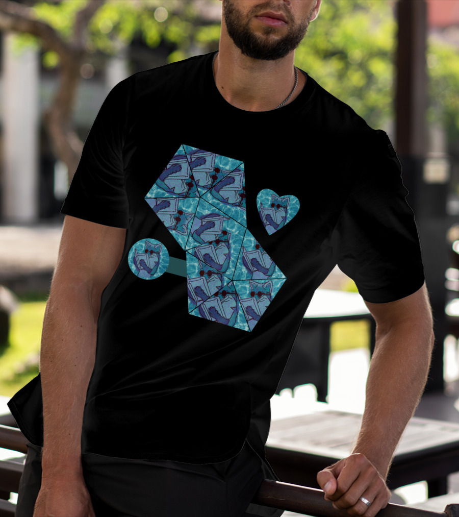 Cool Fox Reading In Blue Geometric T-Shirt