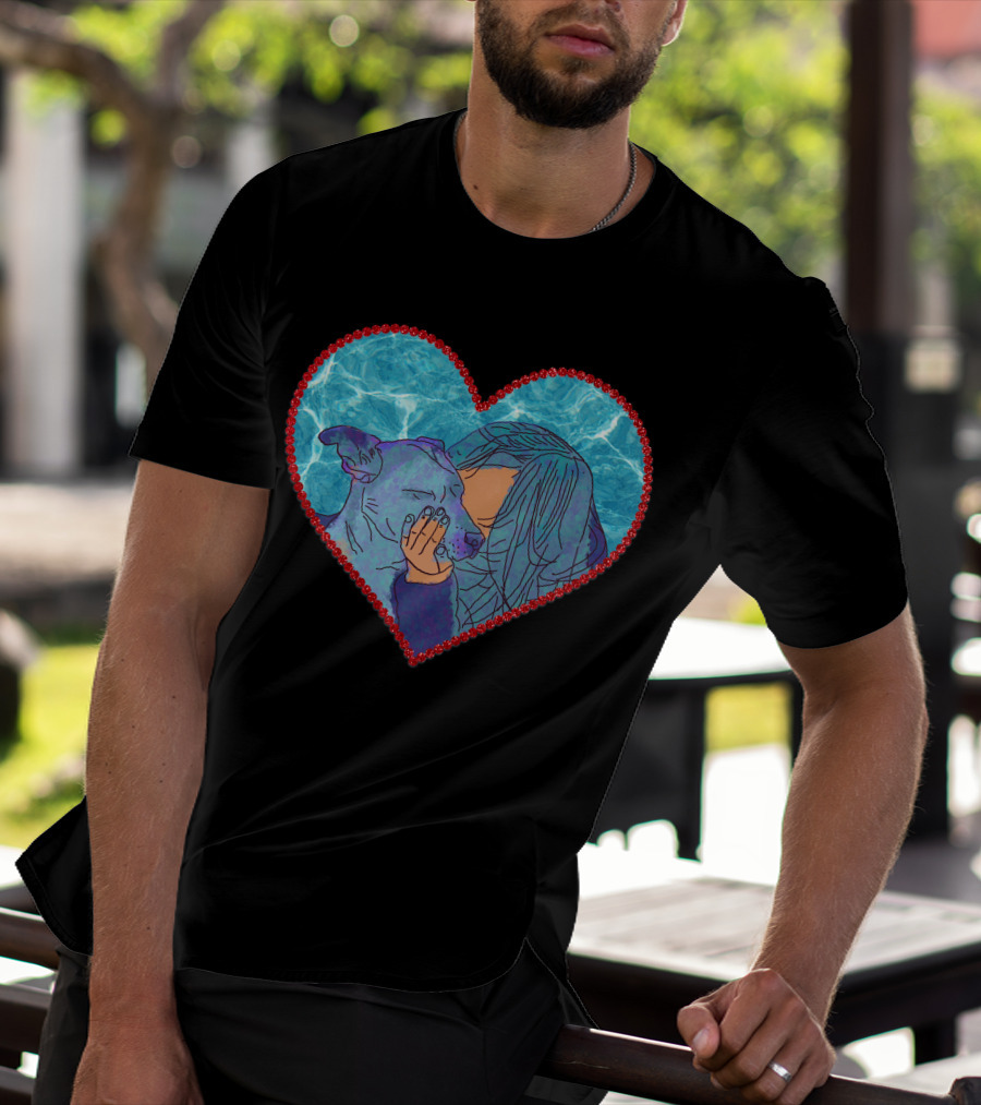 Adopt Don't Shop Heart Embrace Of Woman And Dog In Blue And Red Heart T-Shirt