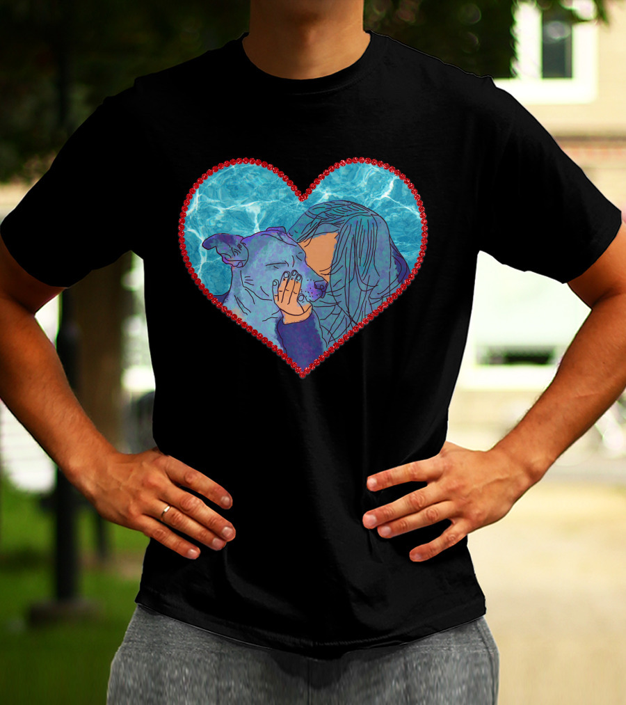 Adopt Don't Shop Heart Embrace Of Woman And Dog In Blue And Red Heart T-Shirt