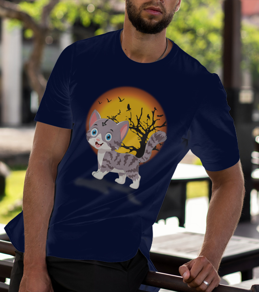 Cute Kittens Halloween Night Moonlit Landscape T-Shirt