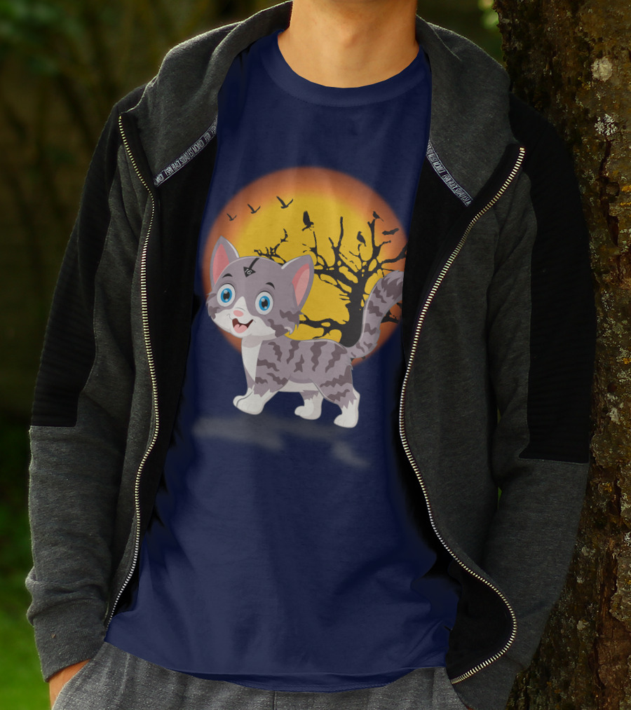 Cute Kittens Halloween Night Moonlit Landscape T-Shirt