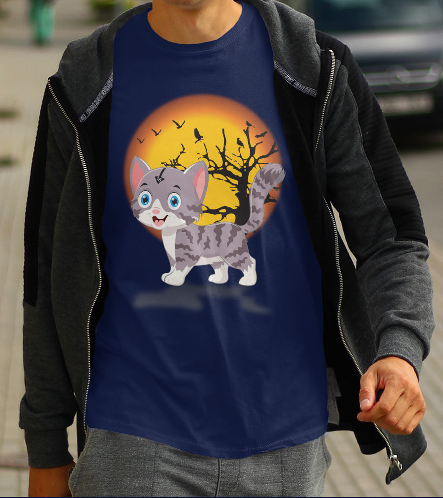 Cute Kittens Halloween Night Moonlit Landscape T-Shirt