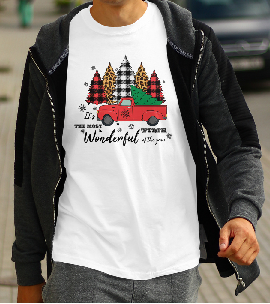 It's The Most Wonderful Time Of The Year Plaid And Leopard Pine Trees Red Truck T-Shirt