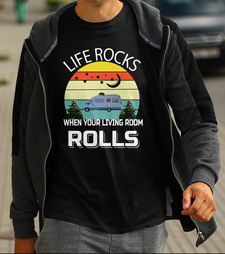 Life Rocks When Your Living Room Rolls Pilote Motorhomes Retro Sunset Campervan Scene T-Shirt