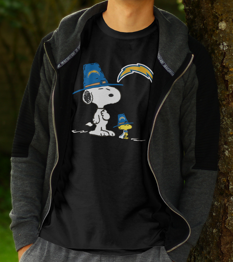 Snoopy And Woodstock In Chargers Hats With Lightning Bolt T-Shirt