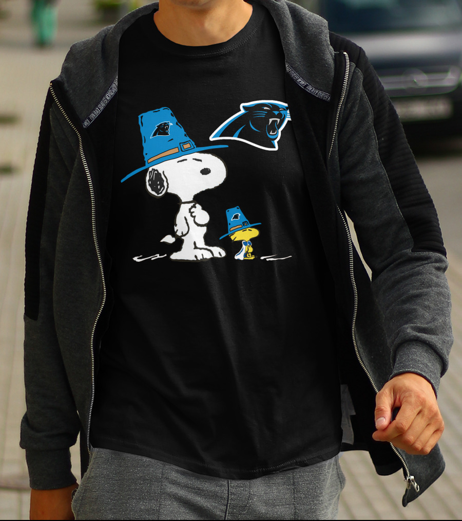 Carolina Panthers Snoopy Thanksgiving Pilgrim Hat Peanuts T-Shirt