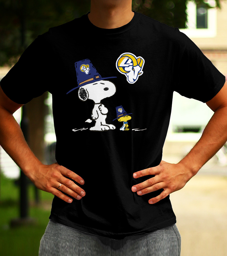 Los Angeles Rams Snoopy And Woodstock Thanksgiving Pilgrim Hat T-Shirt