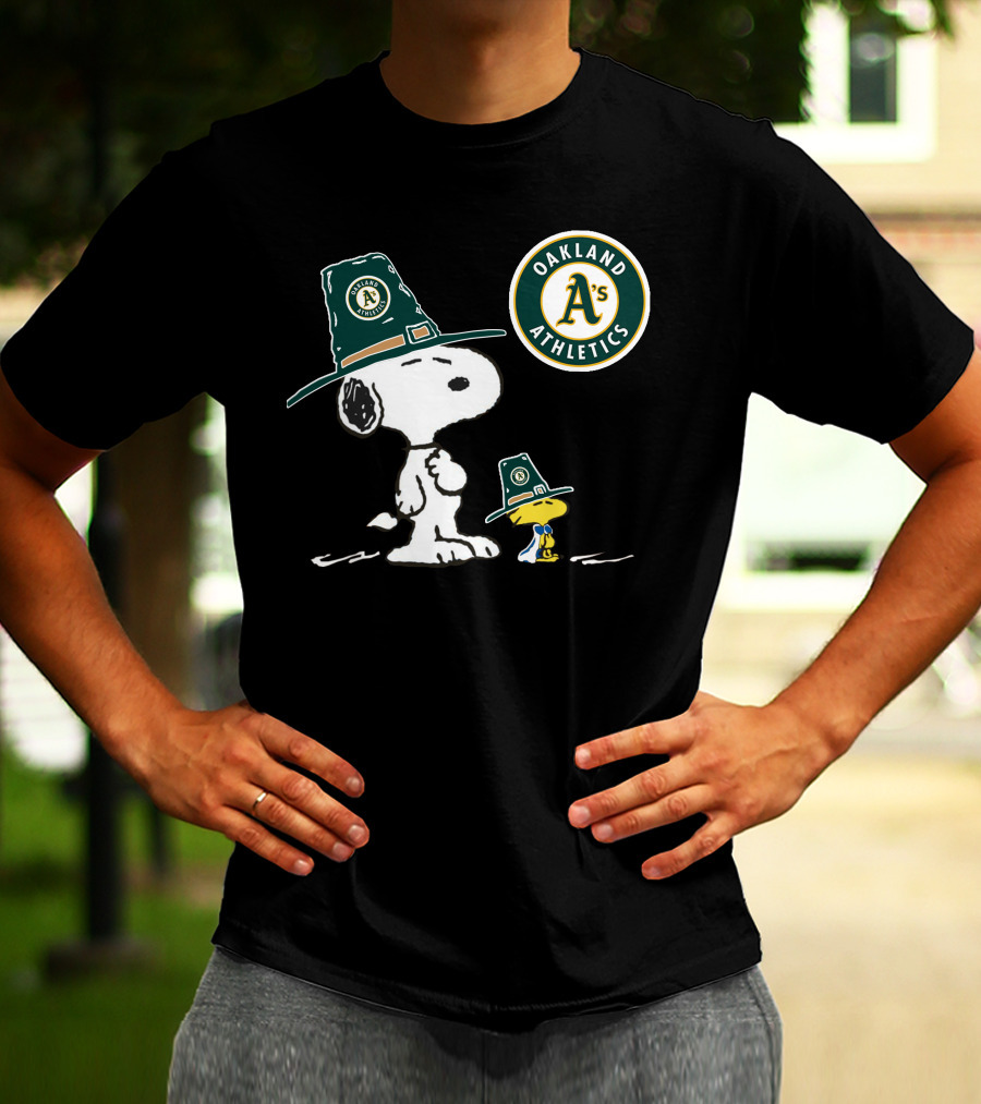 Oakland Athletics Snoopy And Woodstock Wearing Team Hats T-Shirt