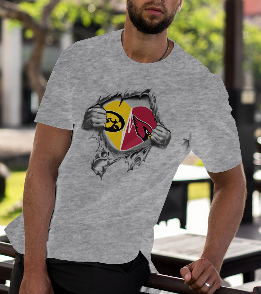 Iowa Hawkeyes Heartbeat With Cardinals Logo In Heart-Shaped Tear T-Shirt