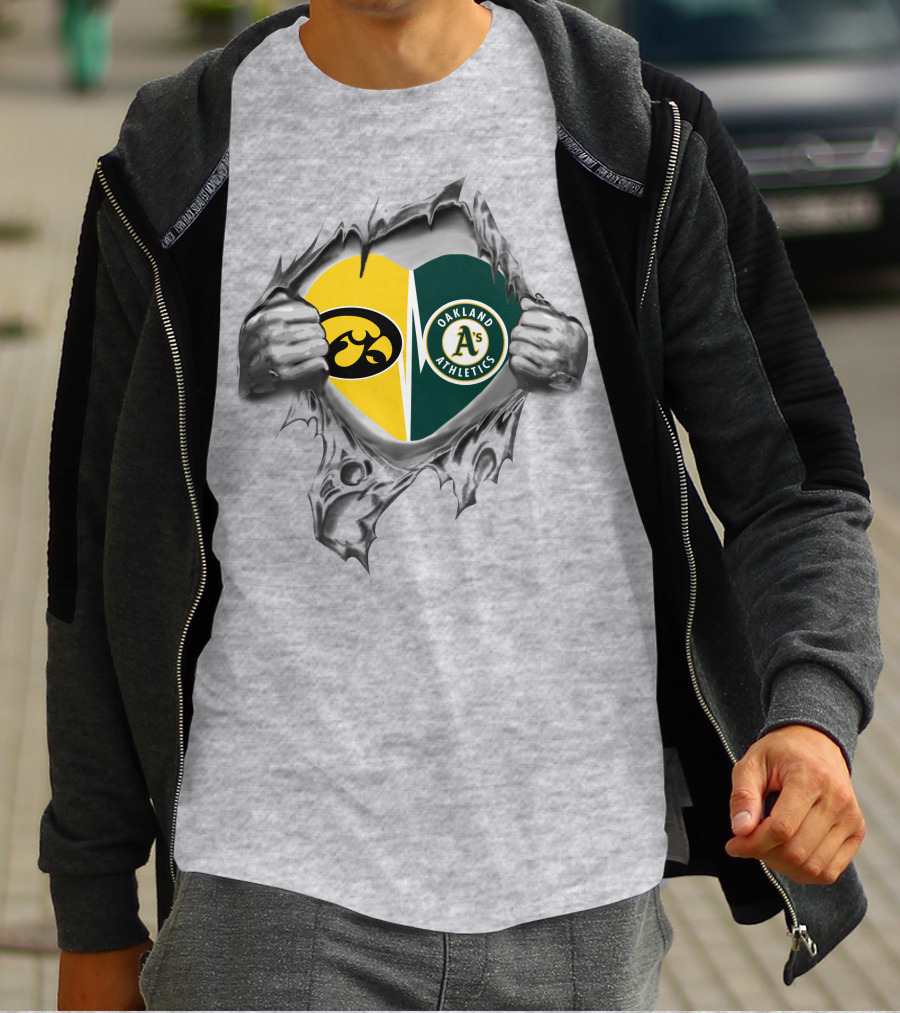 Iowa Hawkeyes Oakland Athletics Heart Design With Tearing Hands T-Shirt