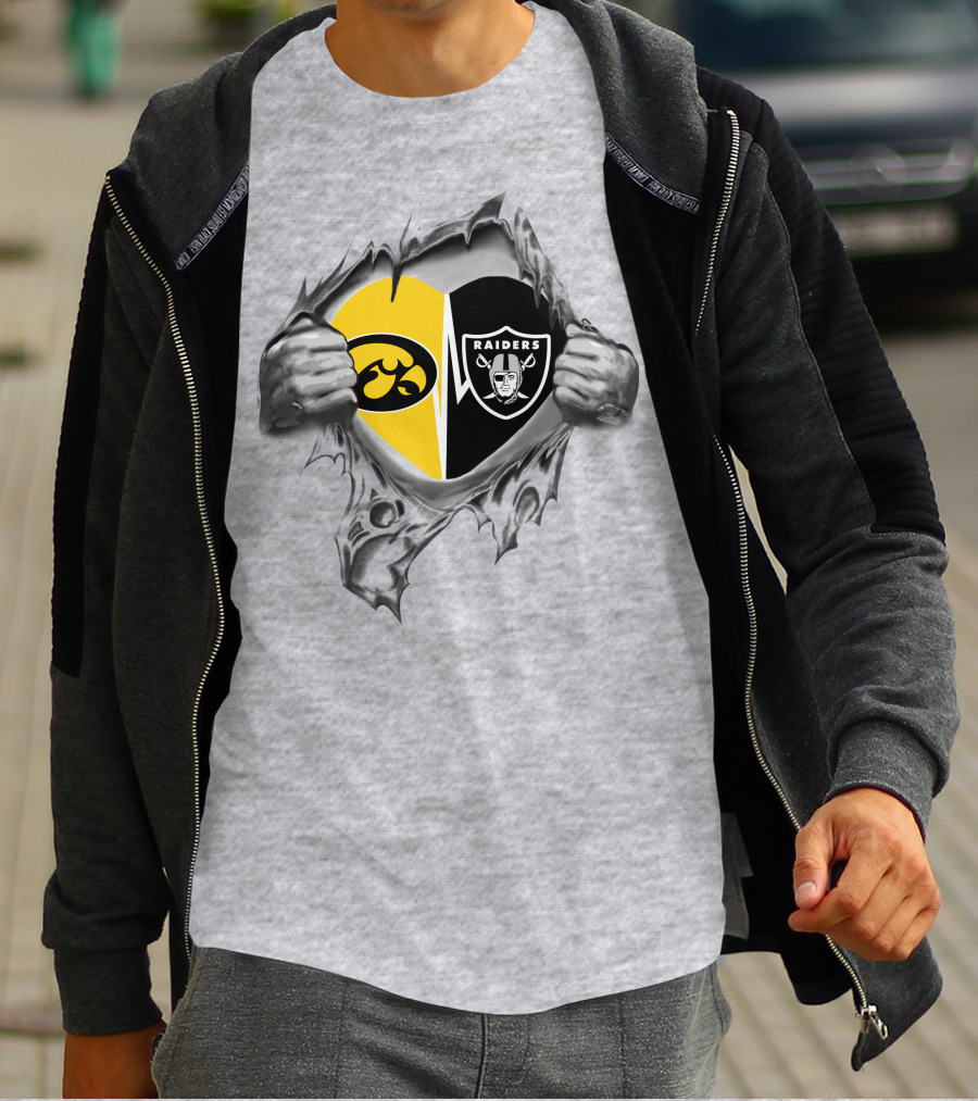 Iowa Hawkeyes Vs Raiders Heart Design With Iconic Logos In Ripped T-Shirt