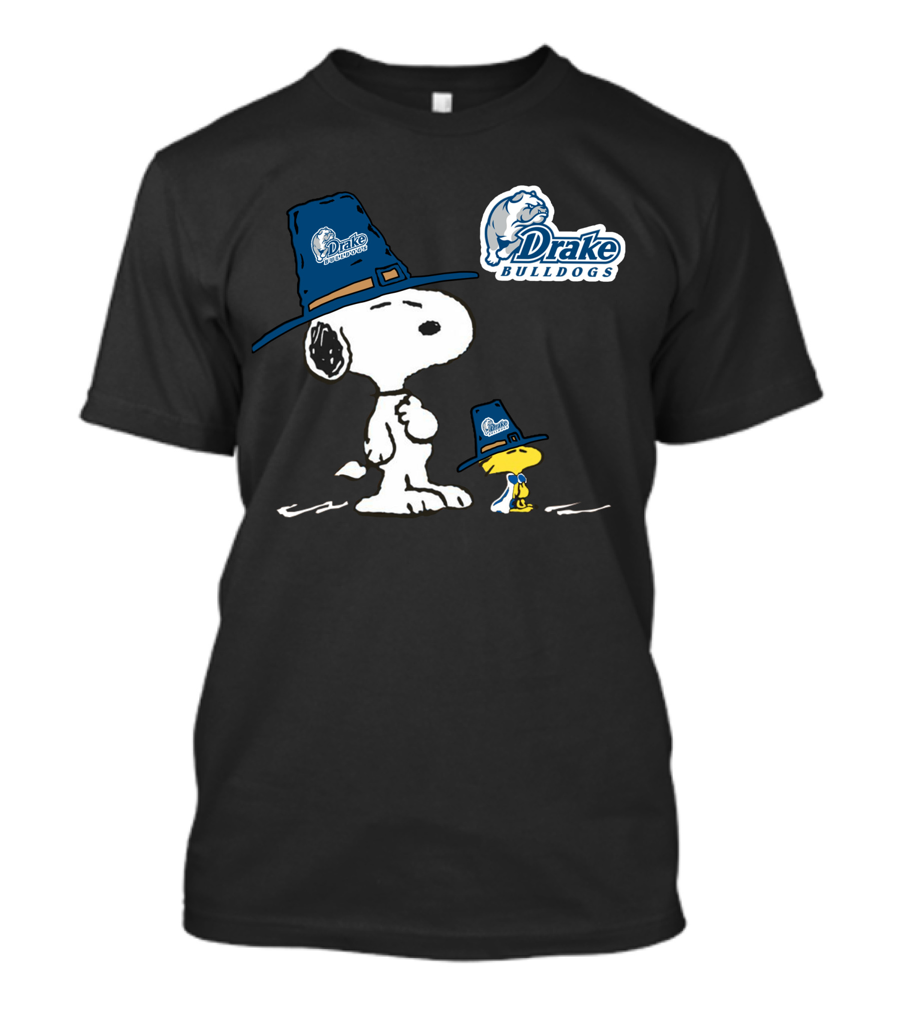 Drake Bulldogs Snoopy Woodstock In Pilgrim Hats T-Shirt