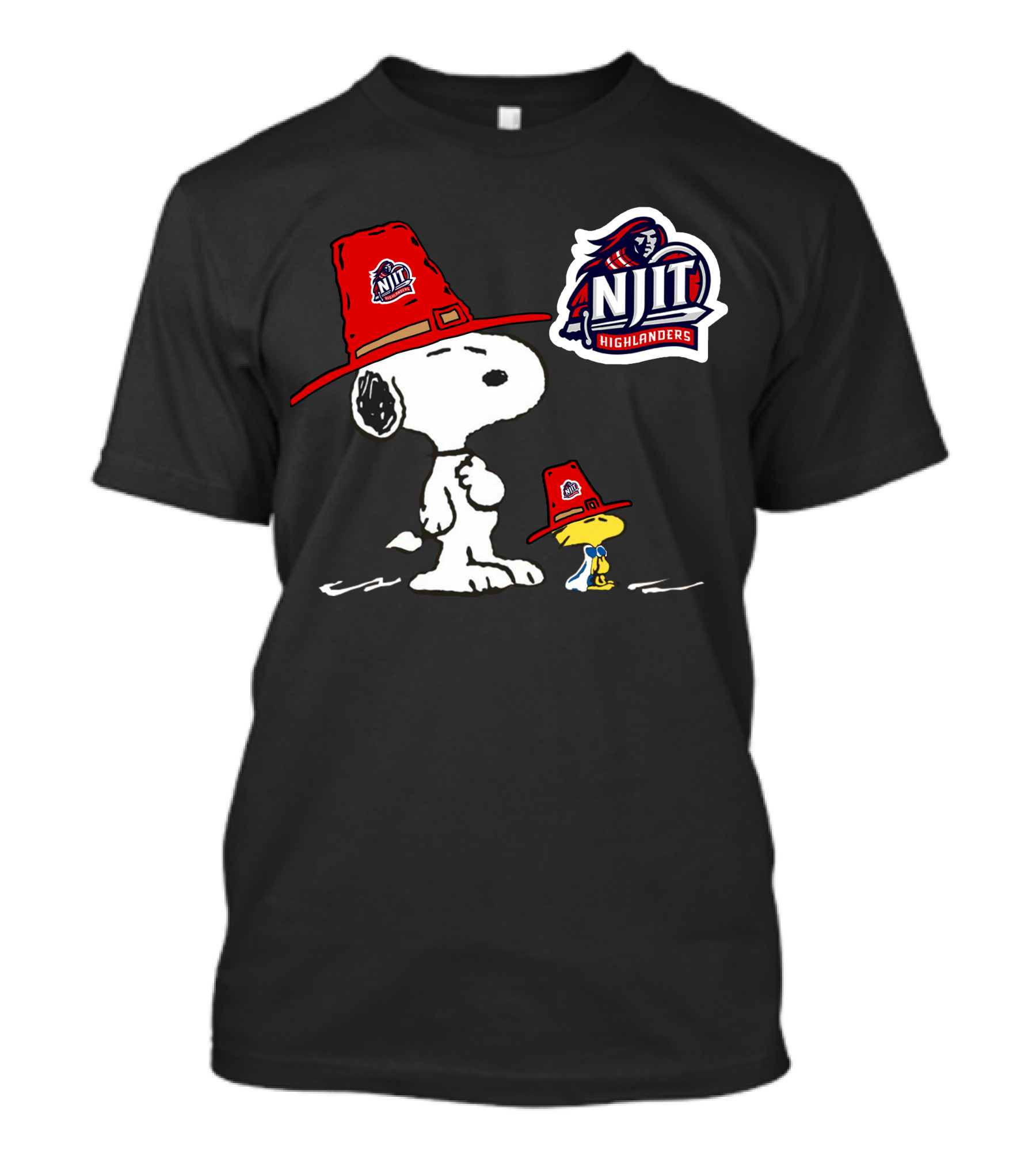 NJIT Highlanders Snoopy And Woodstock Wearing Red Hats T-Shirt