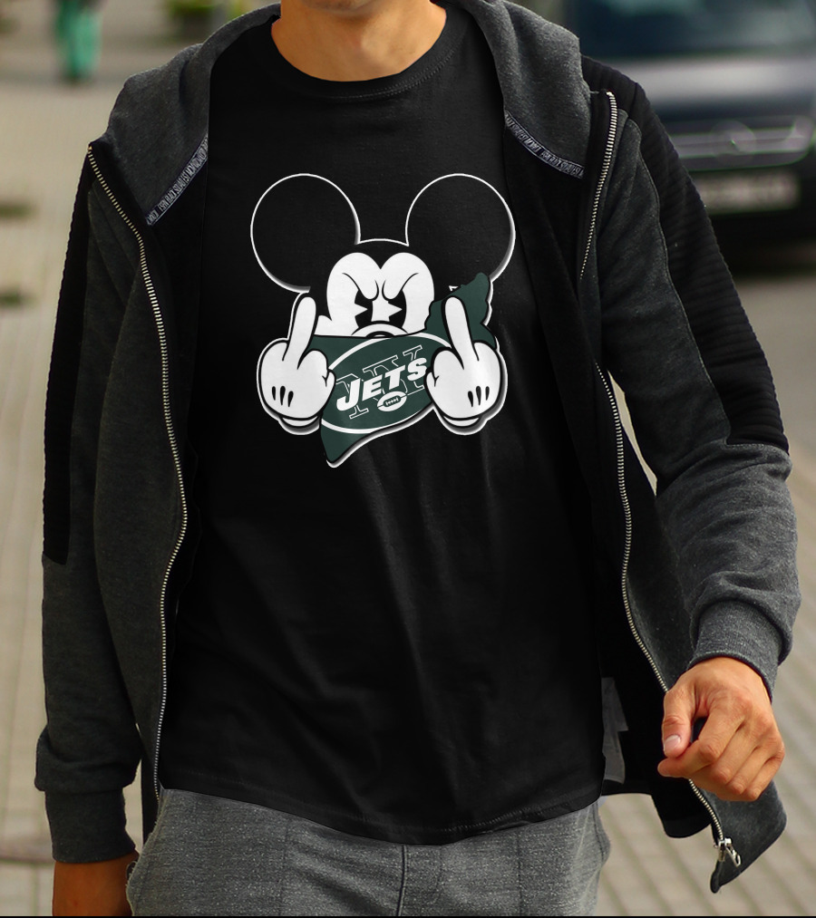 Mickey Mouse Holding New York Jets Football Logo With Gesture T-Shirt