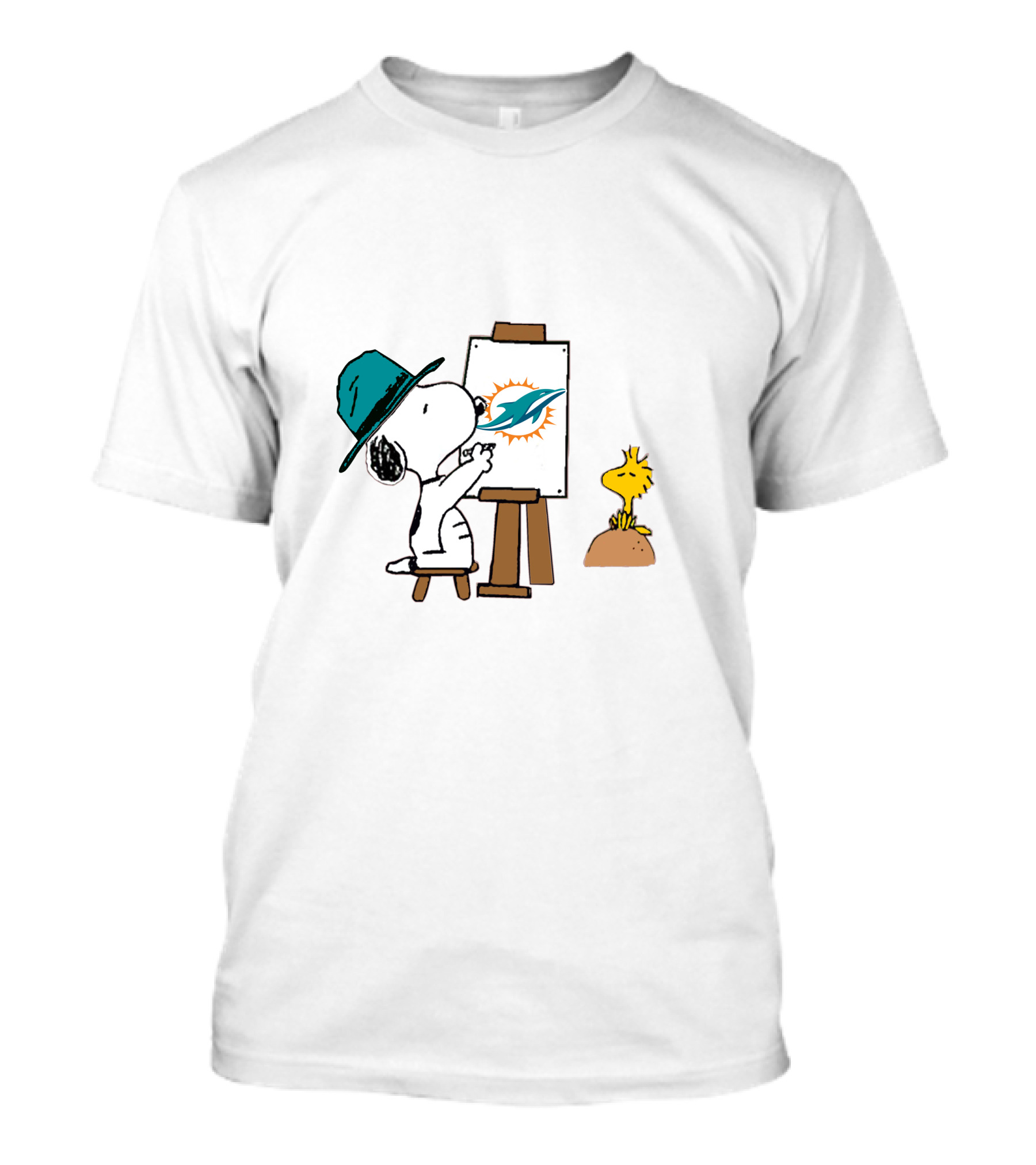 Snoopy Painting Miami Dolphins Logo With Woodstock T-Shirt