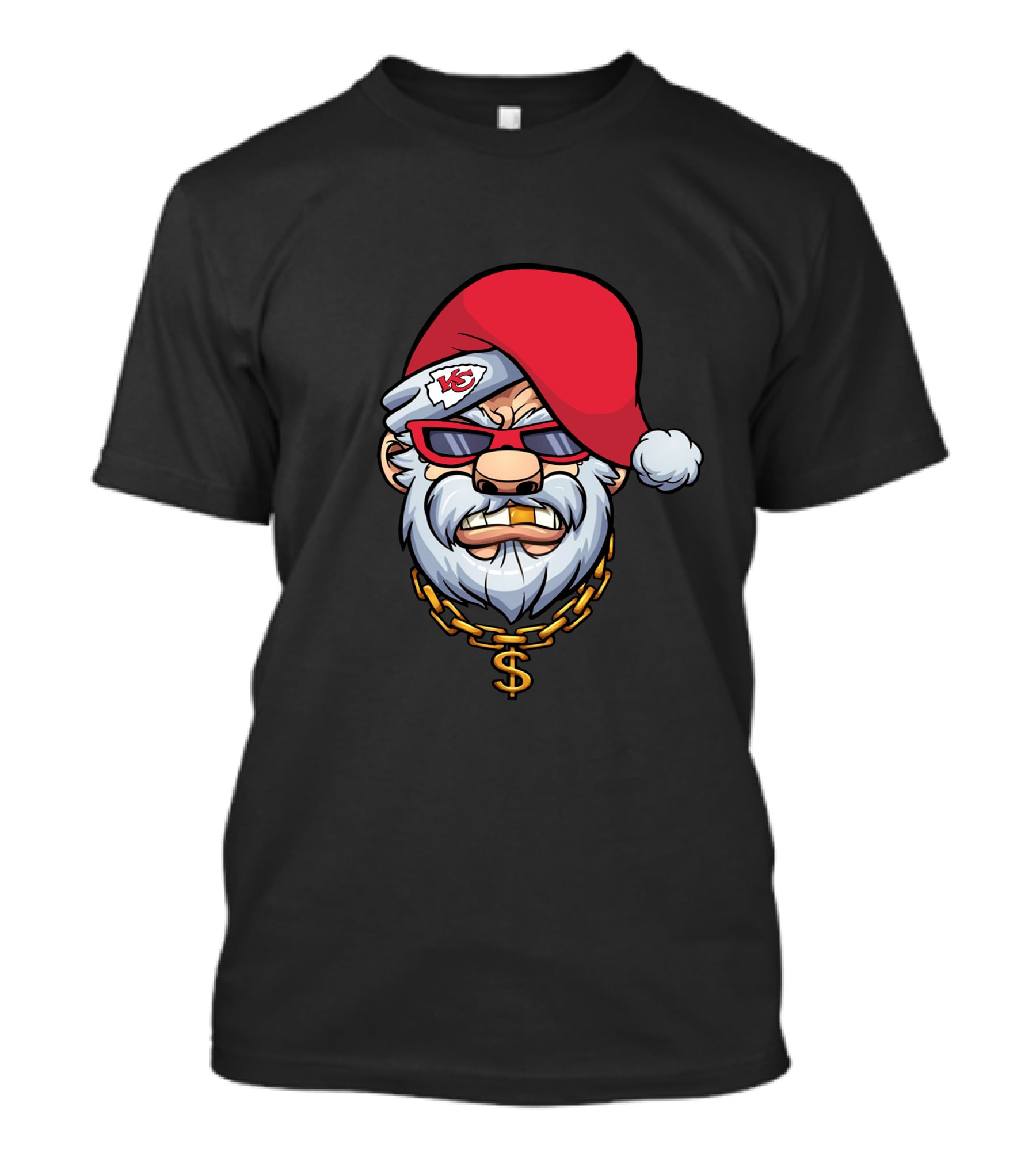 Chiefs Gangster Santa With Chain And Red Hat Sporting Sunglasses And Kansas City T-Shirt