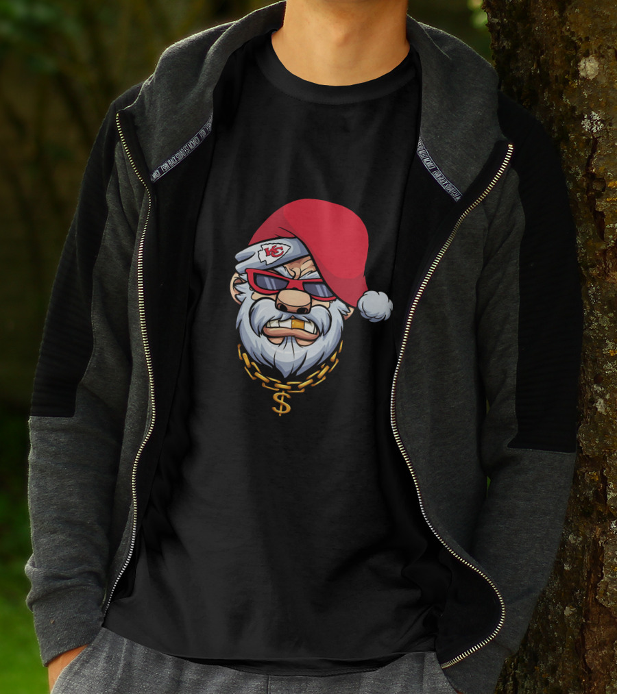 Chiefs Gangster Santa With Chain And Red Hat Sporting Sunglasses And Kansas City T-Shirt