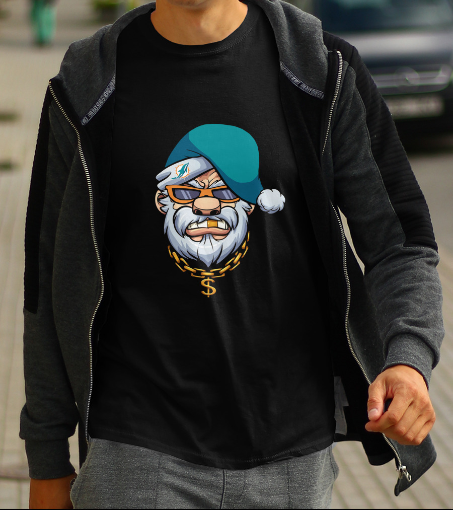 Miami Dolphins Gangster Santa With Shades And Gold Chain T-Shirt