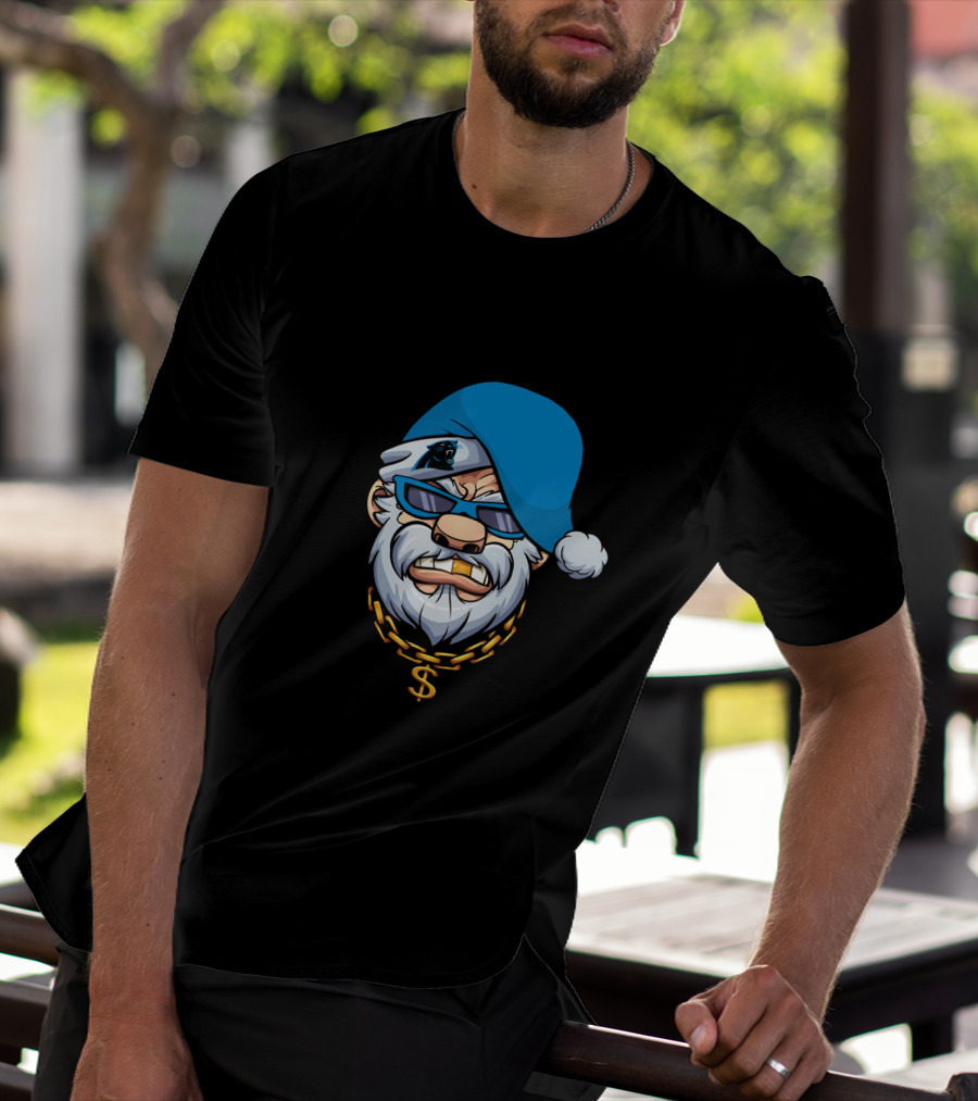 Panthers Gangster Santa With Blue Hat And Gold Chain T-Shirt