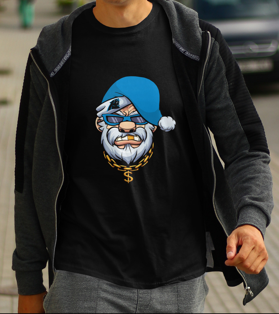 Panthers Gangster Santa With Blue Hat And Gold Chain T-Shirt