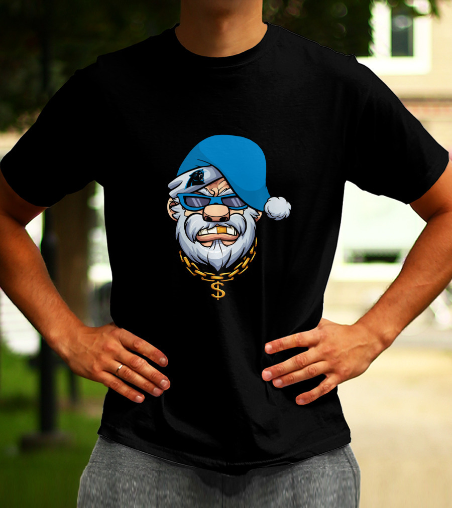 Panthers Gangster Santa With Blue Hat And Gold Chain T-Shirt