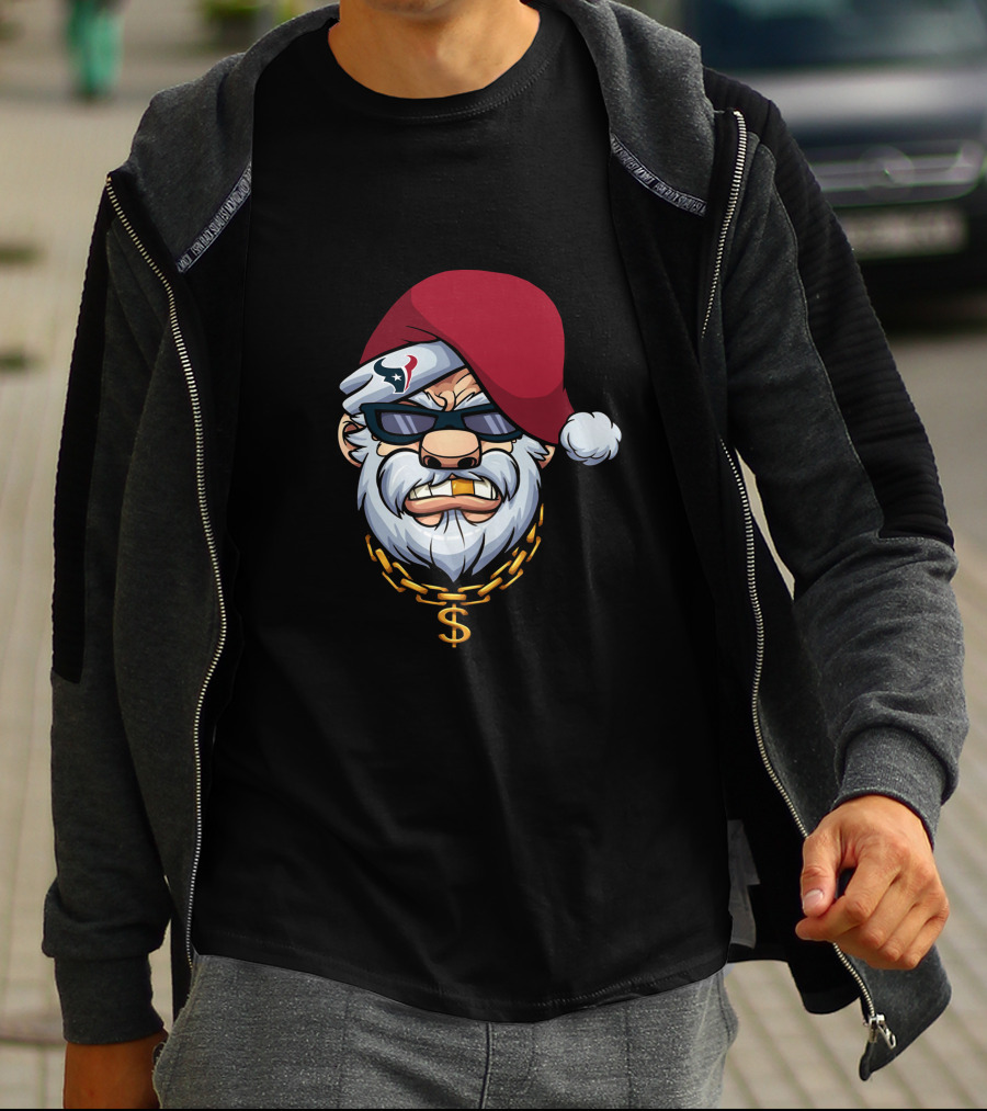 Texans Gangster Santa Wearing Sunglasses And Santa Hat With Dollar Sign Chain T-Shirt