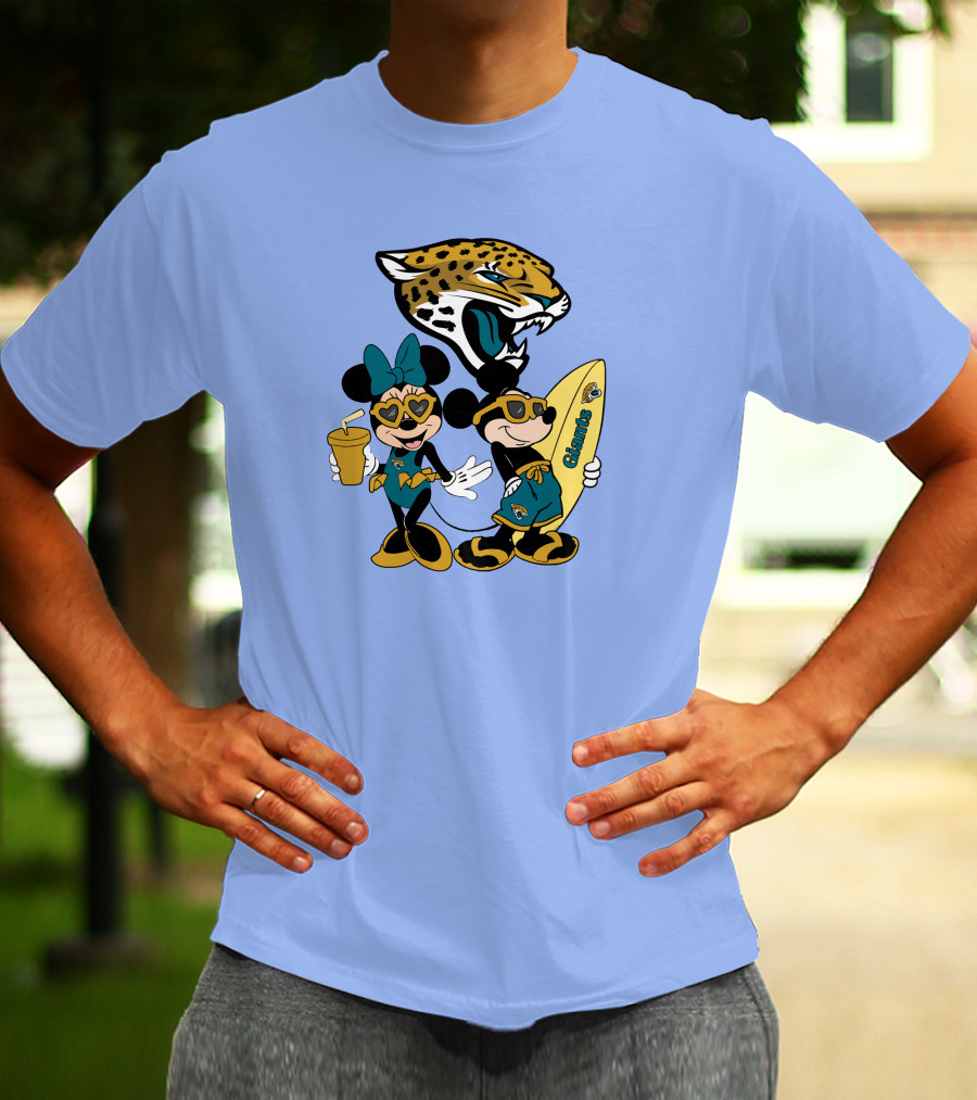 Jaguars Mickey And Minnie Happy Vacation With Surfboard And Drink T-Shirt