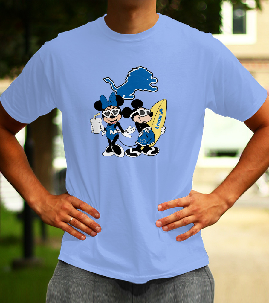 Lions Mickey And Minnie Happy Vacation With Surfboard And Drink T-Shirt