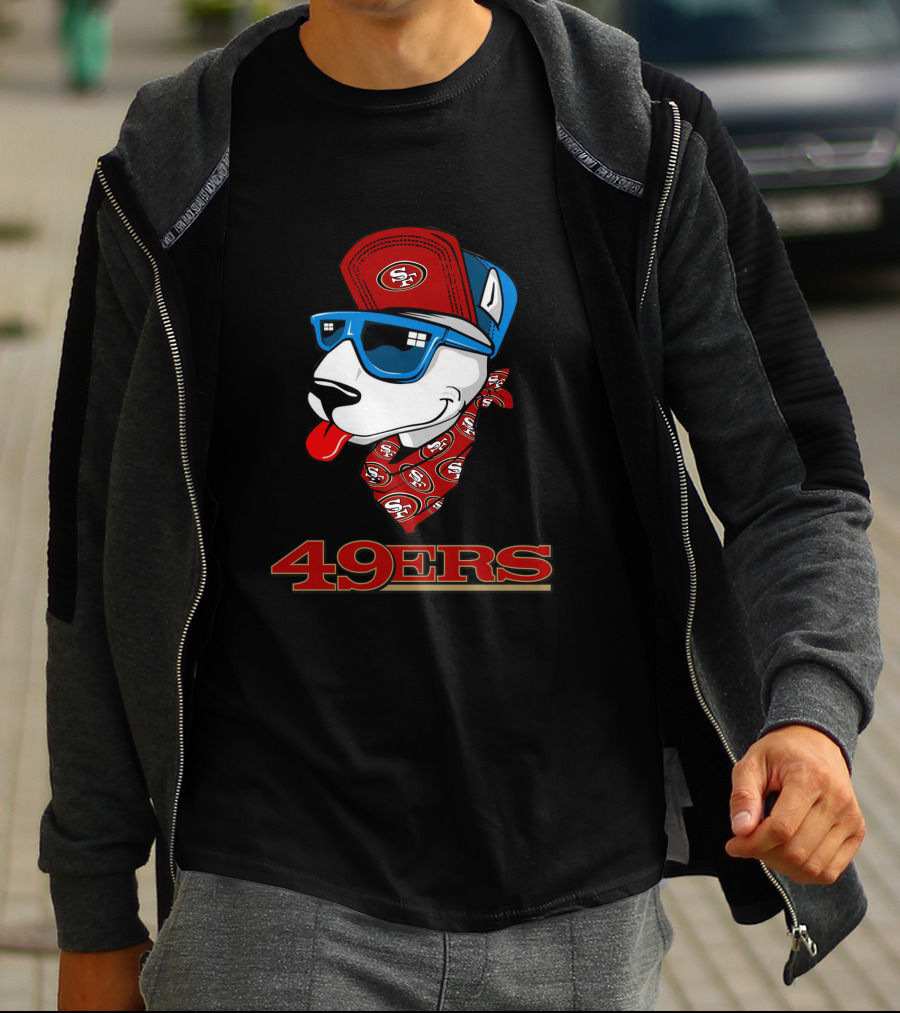 49ers Bull Terrier San Francisco Style Dog Wearing Logo Hat And Sunglasses T-Shirt
