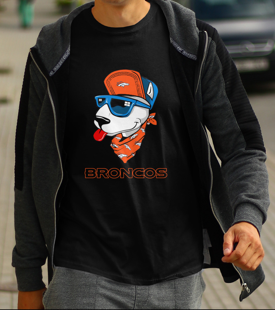 Broncos Bull Terrier With Hat Sunglasses And Bandana T-Shirt