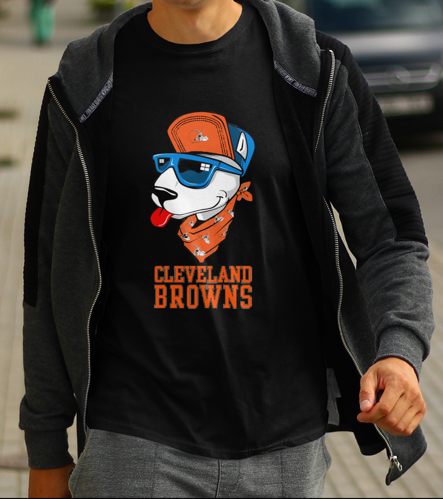 Cleveland Browns Bull Terrier With Sunglasses And Bandana T-Shirt