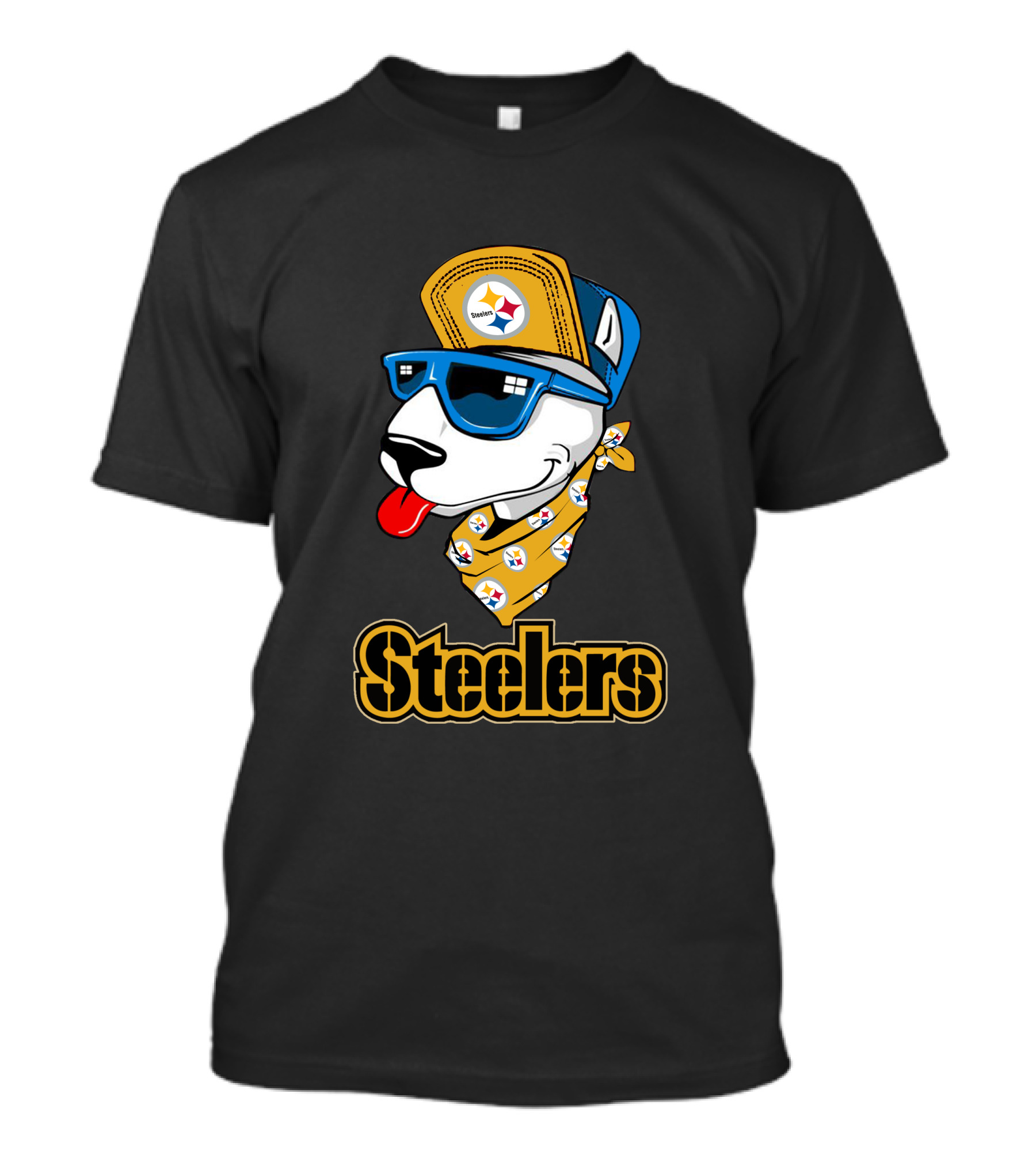 Steelers Bull Terrier Wearing Cap And Sunglasses With Logo Bandana T-Shirt