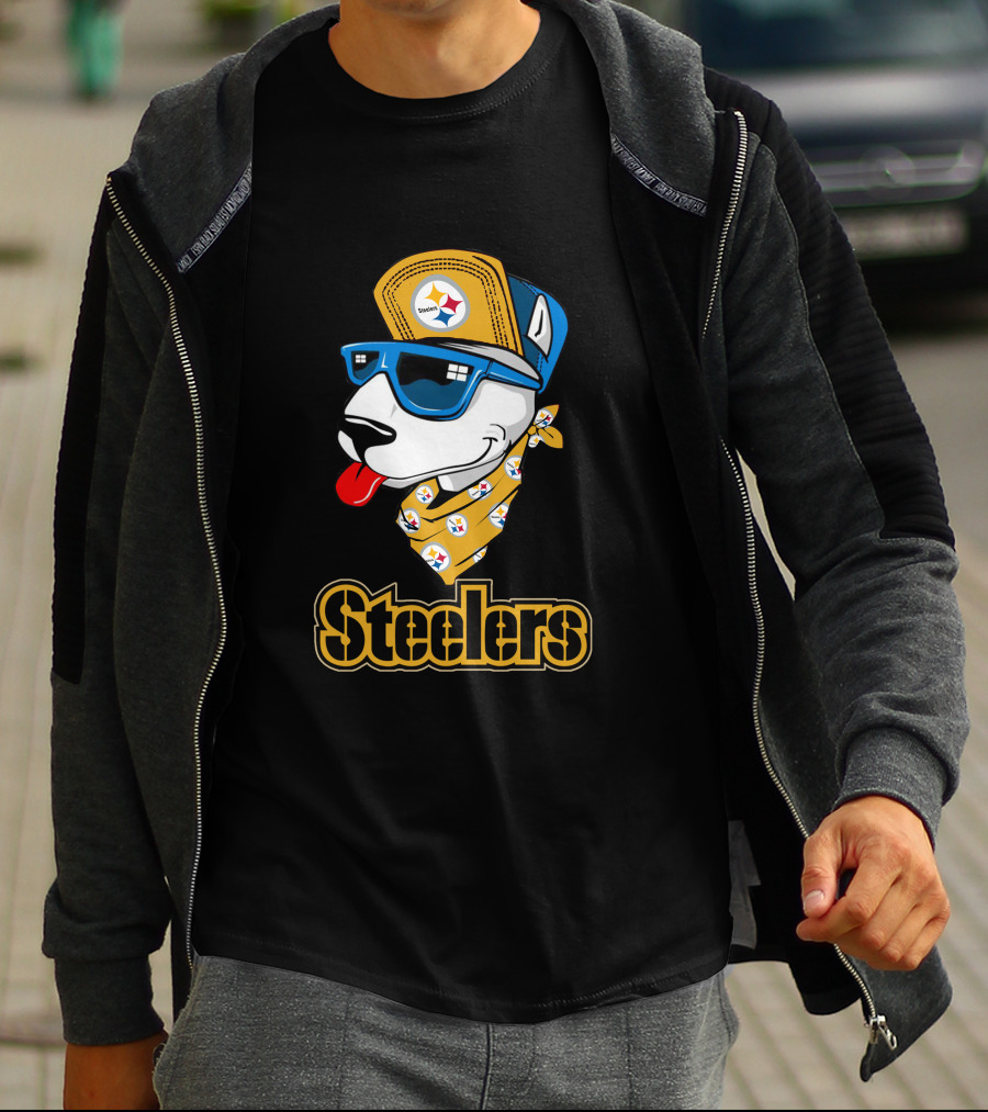 Steelers Bull Terrier Wearing Cap And Sunglasses With Logo Bandana T-Shirt