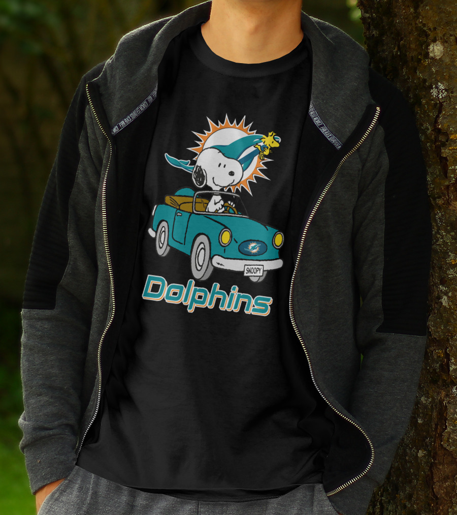 Miami Dolphins Snoopy Driving Car With Woodstock T-Shirt