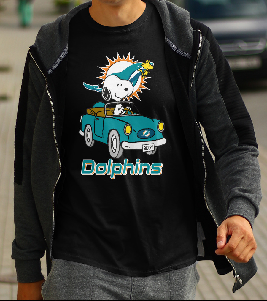Miami Dolphins Snoopy Driving Car With Woodstock T-Shirt
