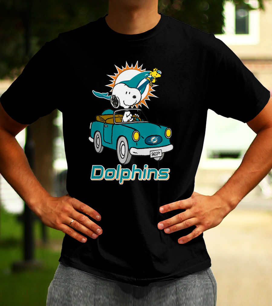 Miami Dolphins Snoopy Driving Car With Woodstock T-Shirt