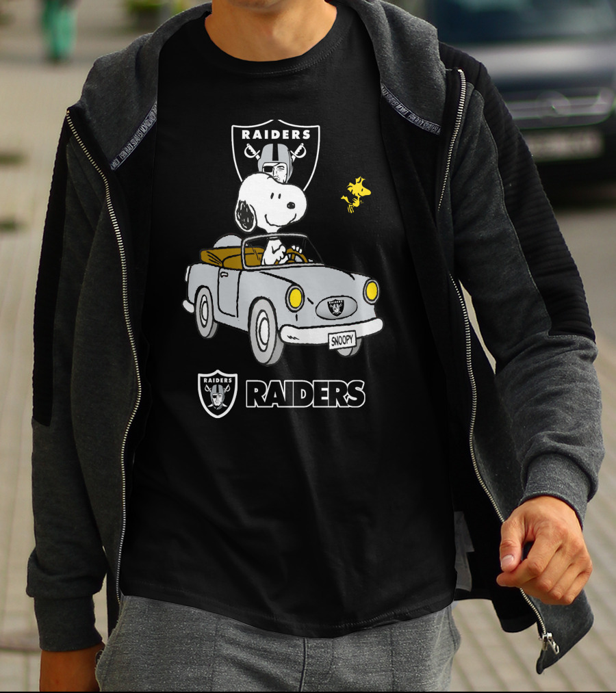 Raiders Snoopy Driving Cartoon With Woodstock And NFL T-Shirt