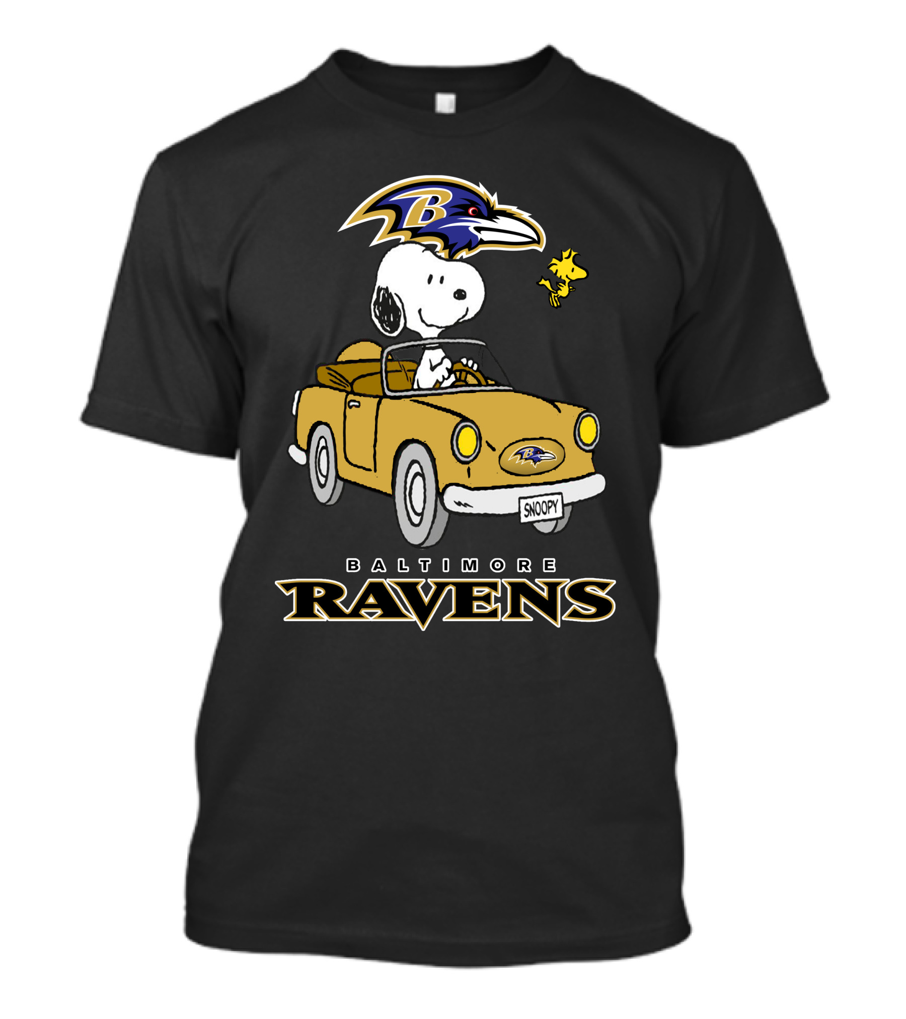 Baltimore Ravens Snoopy Driving Car With Woodstock T-Shirt