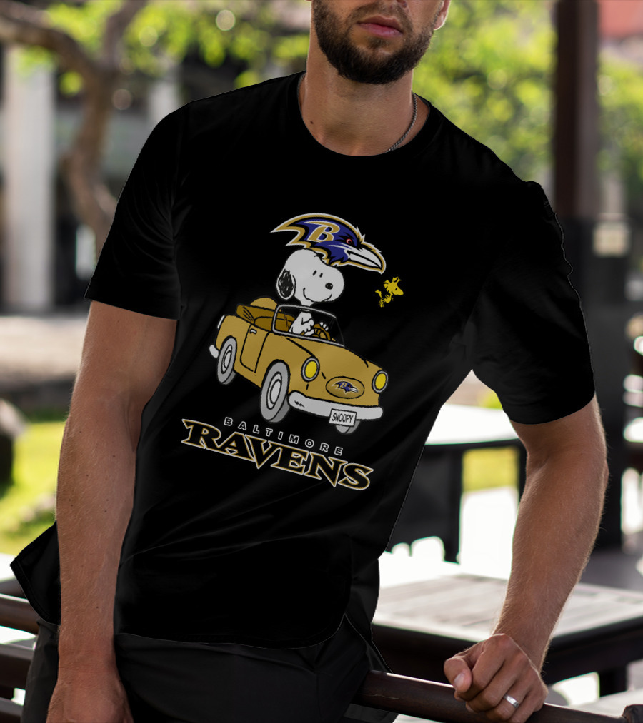 Baltimore Ravens Snoopy Driving Car With Woodstock T-Shirt