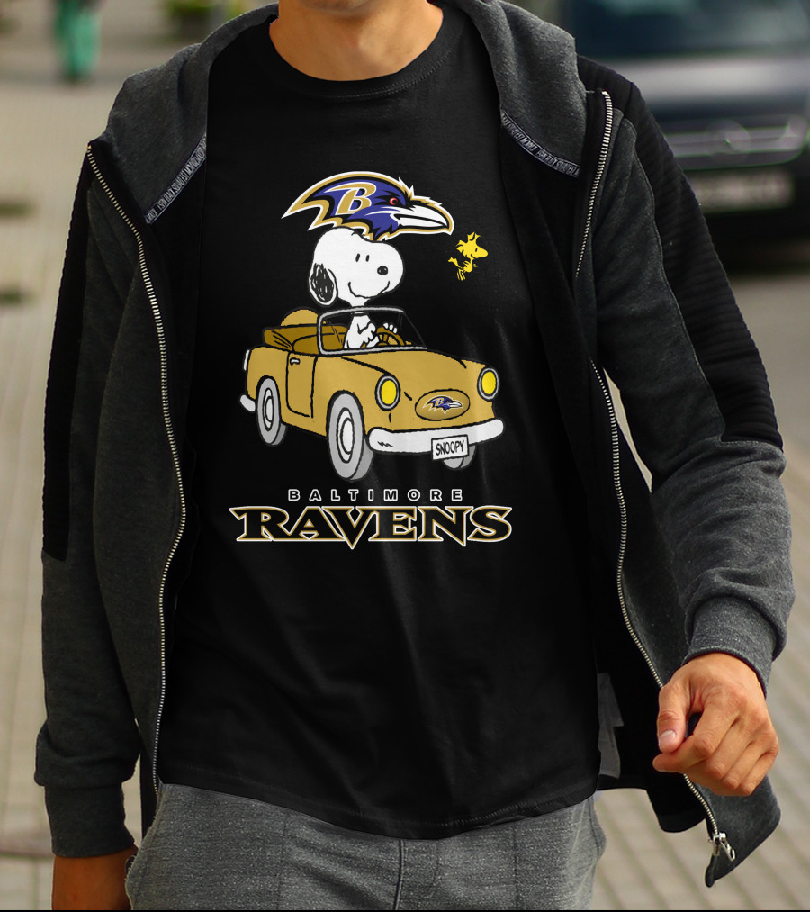 Baltimore Ravens Snoopy Driving Car With Woodstock T-Shirt