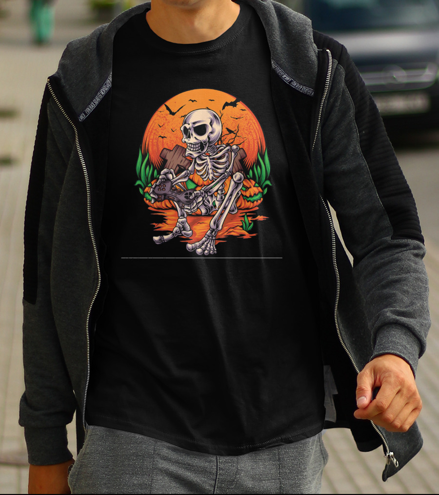 Skeleton Gamer Halloween Pumpkin Bat Gaming Controller Scene T-Shirt