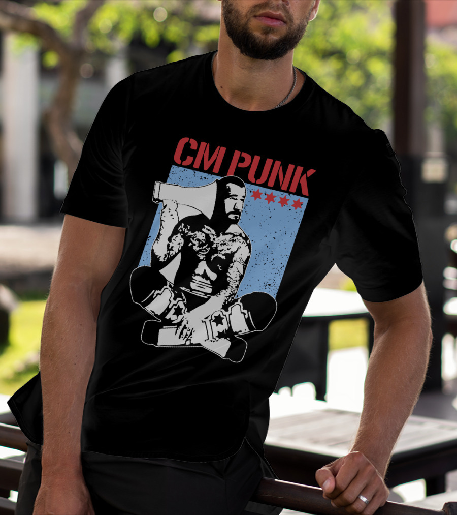 CM Punk AEW All Elite Wrestling Megaphone Graphic With Red Stars T-Shirt