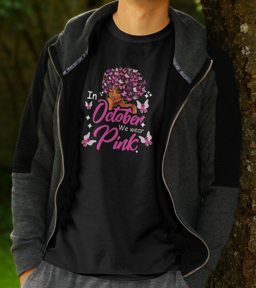 In October We Wear Pink Butterfly Afro Hairstyle African American T-Shirt