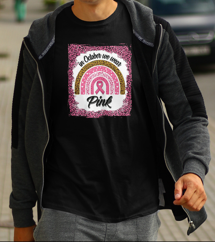 In October We Wear Pink Leopard Rainbow Breast Cancer Awareness T-Shirt