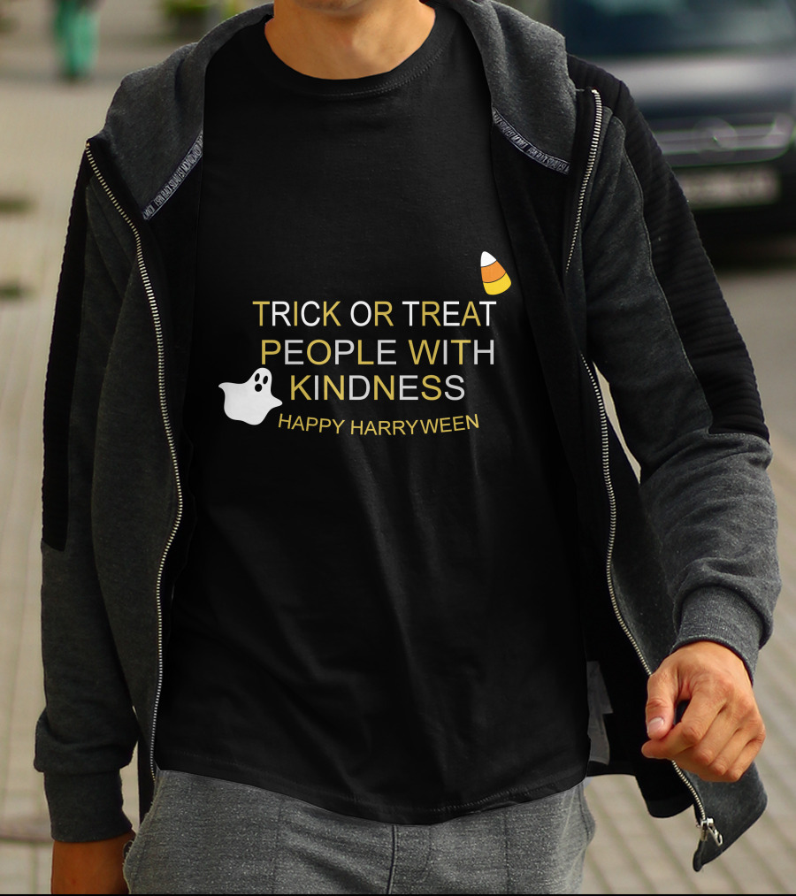 TRICK OR TREAT PEOPLE WITH KINDNESS HAPPY HARRYWEEN Ghost Candy Corn T-Shirt