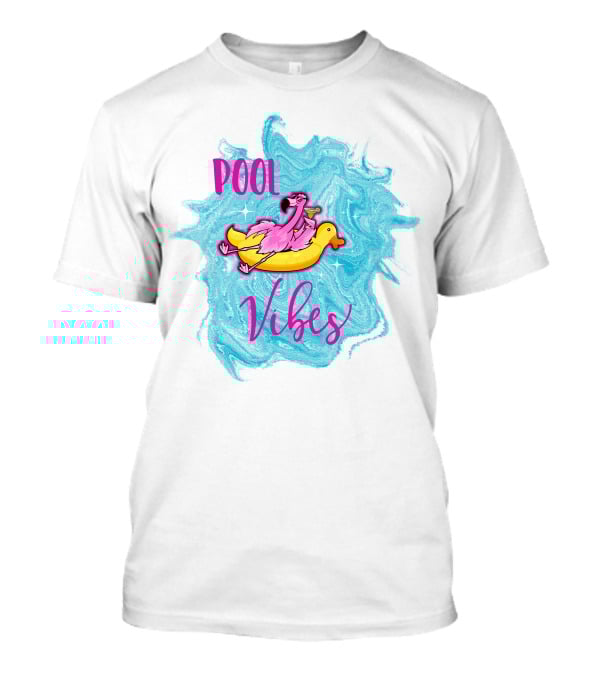 Pool Vibes Flamingo On Inflatable Duck With Blue Swirl Background T-Shirt