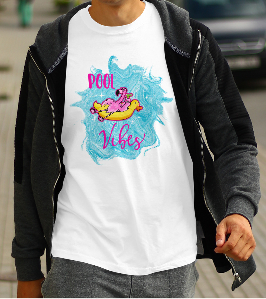 Pool Vibes Flamingo On Inflatable Duck With Blue Swirl Background T-Shirt
