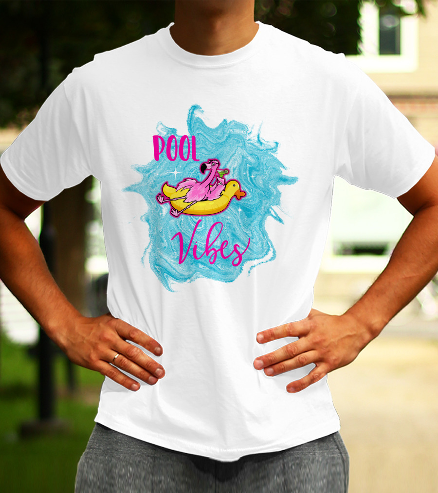 Pool Vibes Flamingo On Inflatable Duck With Blue Swirl Background T-Shirt