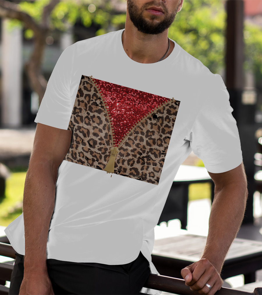 Red Faux Glitter Leopard Zipper Tumbler T-Shirt